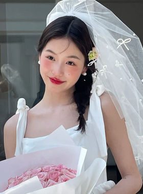 超仙蝴蝶结珍珠网纱头纱新娘结婚头饰婚礼拍照写真氛围感头纱
