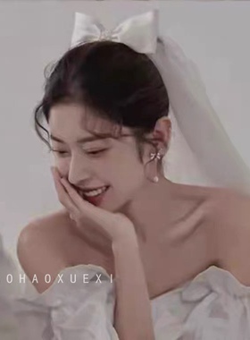 新娘主婚纱领证登记小头纱珍珠蝴蝶结双层简约头纱