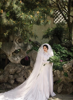 唯美新娘帽式蕾丝花边头纱婚纱拖尾头纱