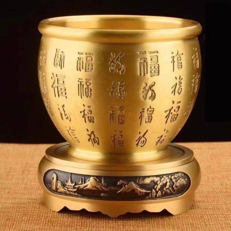 黄铜米缸金蟾百福缸聚宝盆家居摆件工艺品精雕聚财米缸铜缸供水杯