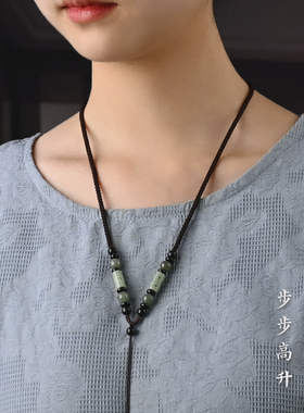 翡翠吊坠挂绳银手工玉佩项链