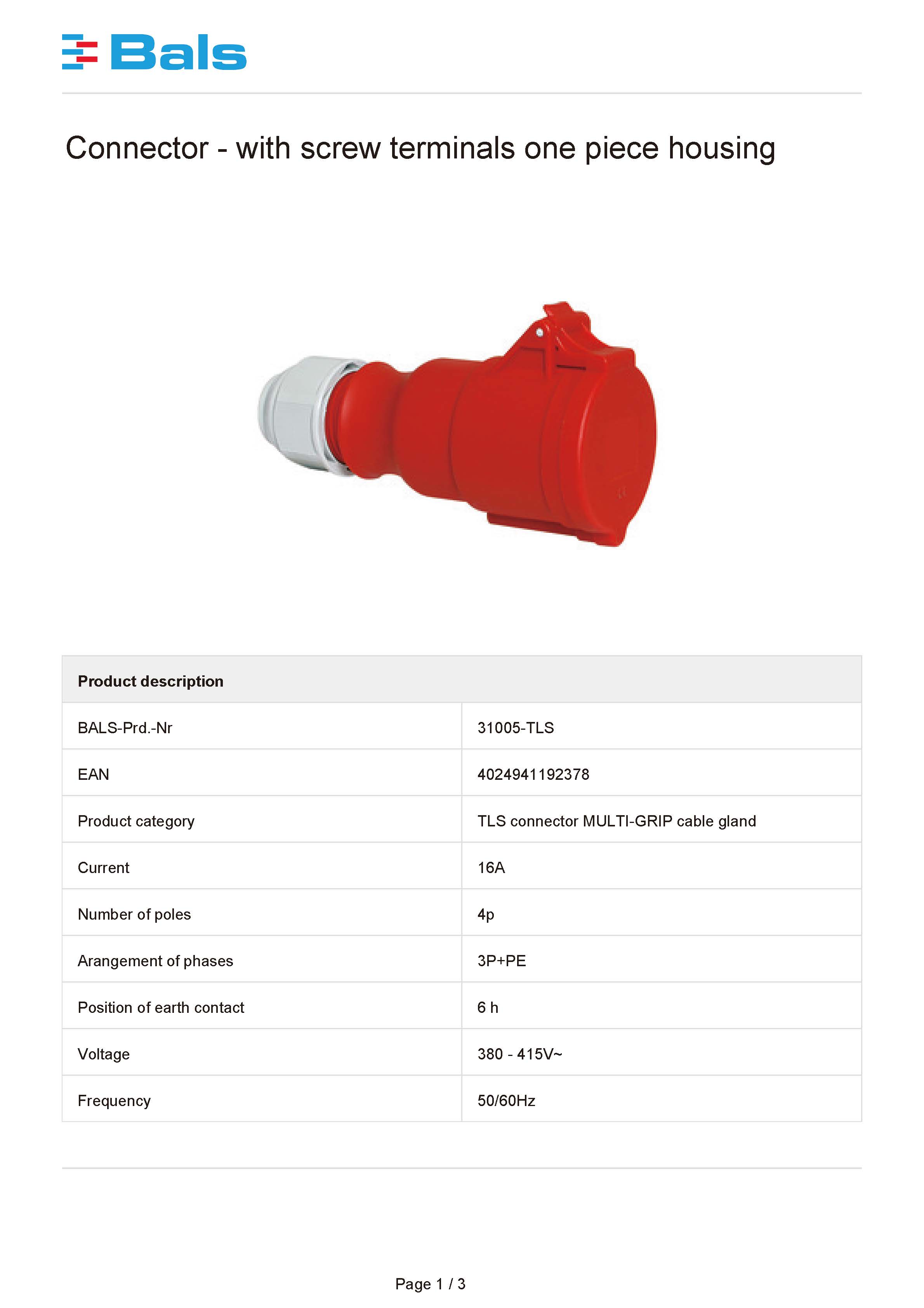 原装德国霸士BALS工业防水移动式插座16A3P+PEIP44连接器Typ31005 - 图0