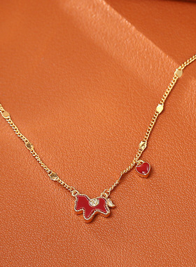 新年款红色马上有钱吊坠项链生肖马中国风毛衣链本命年高级锁骨链