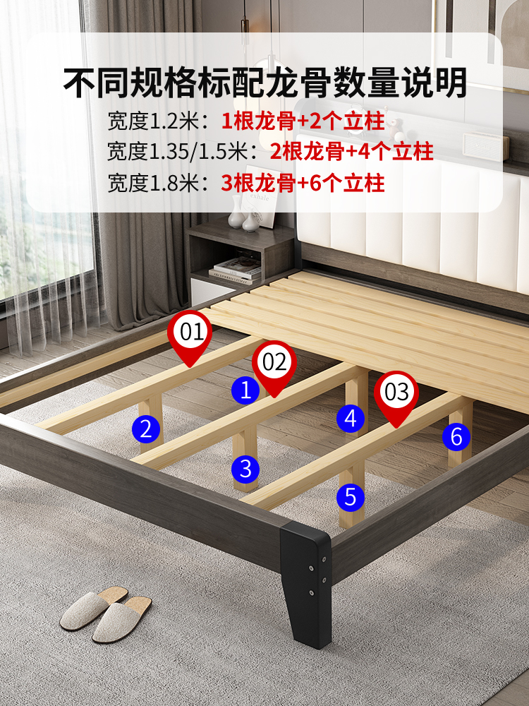 实木床1.5米现代简约家用双人床1.8m主卧软包单人床1.2租房经济型 - 图1