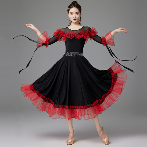 国标舞裙新款2026比赛表演出摩登华尔兹交谊际舞蹈大摆烫钻连衣裙 - 图1
