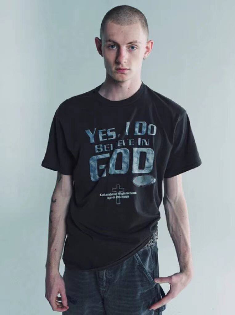 MRLEE independent style believer's devout belief Believe In God men's T-shirt washed black short-sleeved T-shirt