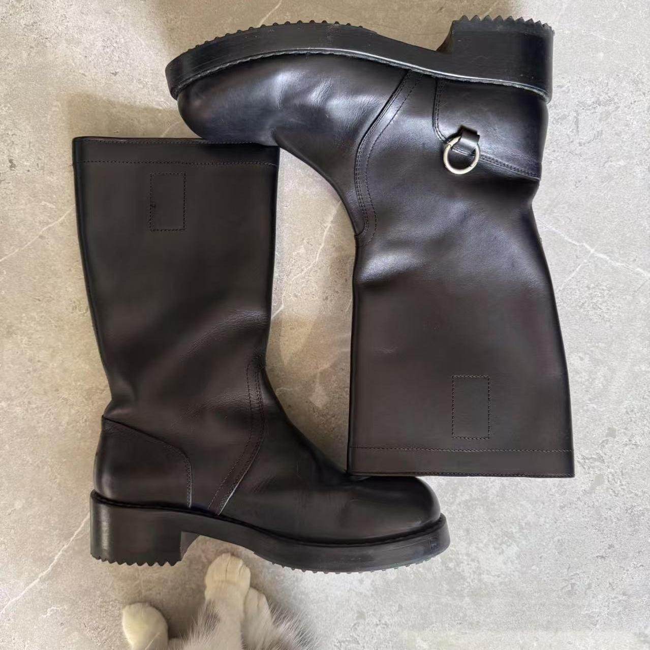 MRLEE independent style 19FW asymmetric metal ring tough guy riding high boots Piercing Tall Boots