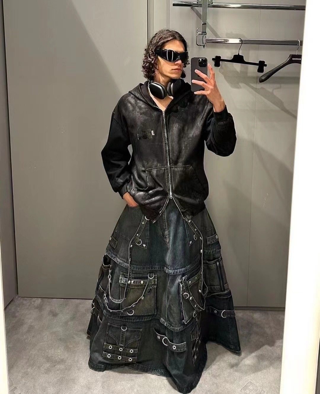 MRLEE independent style show pioneer rivet strap three-section detachable design fermented denim Yagami skirt men's skirt