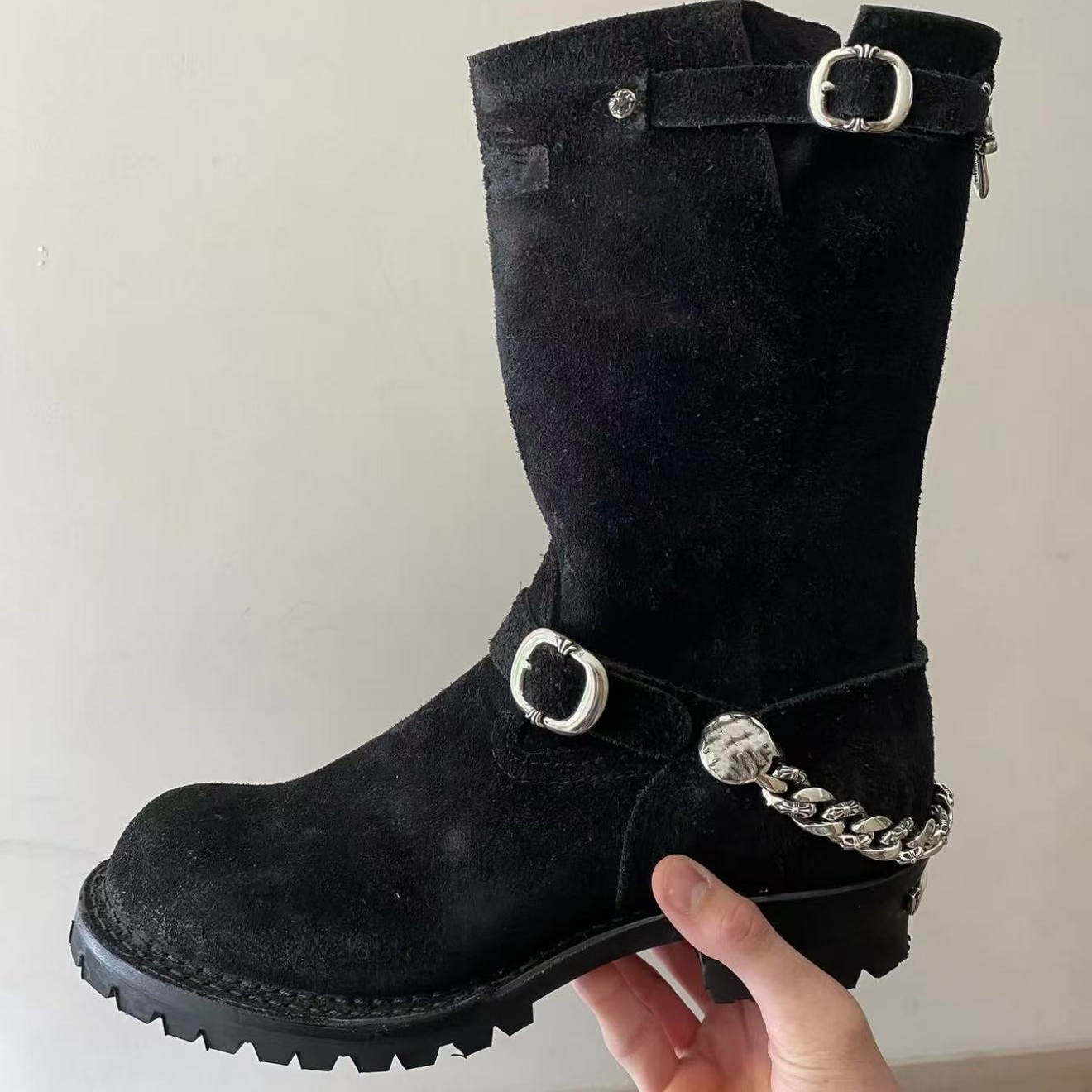MRLEE independent style frosted suede rock retro mid-calf motorcycle boots 925 silver accessories hidden luxury riding boots