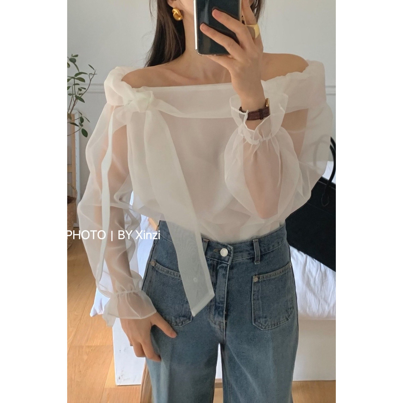辛子韩国代购甜美淑女风一字肩系带蝴蝶结雪纺衬衫女喇叭袖上衣,淘宝优惠券,粉丝福利购,淘宝优惠卷