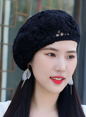 复古手工钩花网眼气质画家帽子