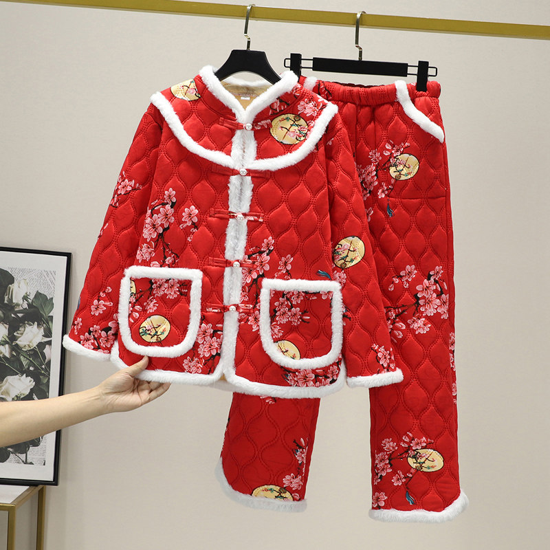 羊羔绒花棉袄套装女新款冬季盘扣居家服加绒睡衣女棉服外套加厚裤,淘宝优惠券,粉丝福利购,淘宝优惠卷