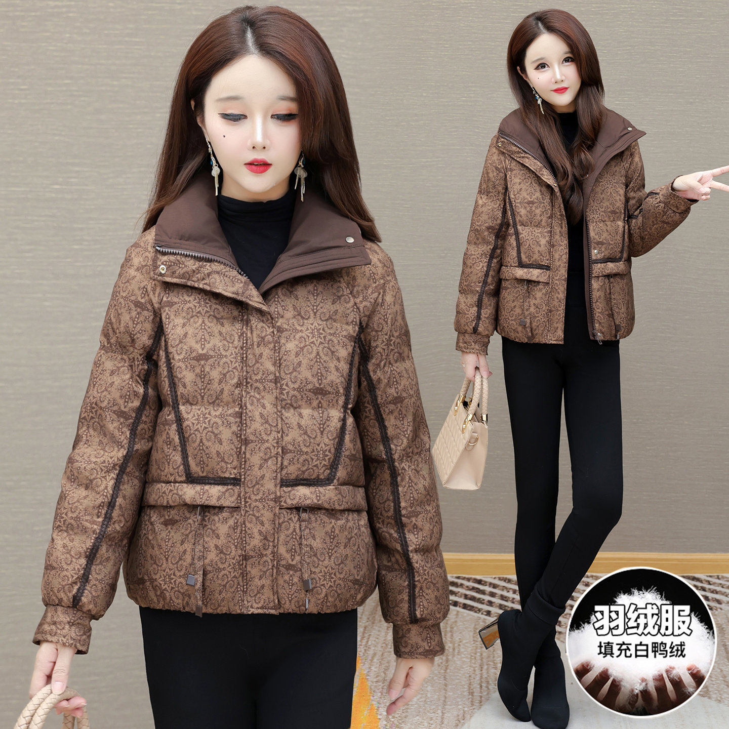 国风印花短款羽绒服女2025冬季新款立领加厚保暖小个子白鸭绒外套,淘宝优惠券,粉丝福利购,淘宝优惠卷