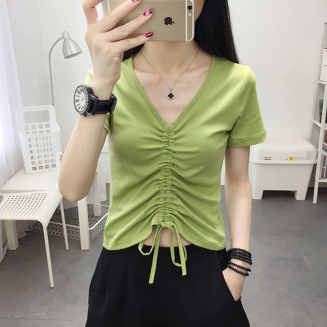 ຊື້ຫນຶ່ງໄດ້ຮັບຫນຶ່ງຟຣີ threaded ຝ້າຍຄໍ V slim drawstring ເທິງສໍາລັບແມ່ຍິງ summer niche ການອອກແບບເສື້ອທີເຊີດແຂນສັ້ນ bottoming ເສື້ອສໍາລັບແມ່ຍິງ