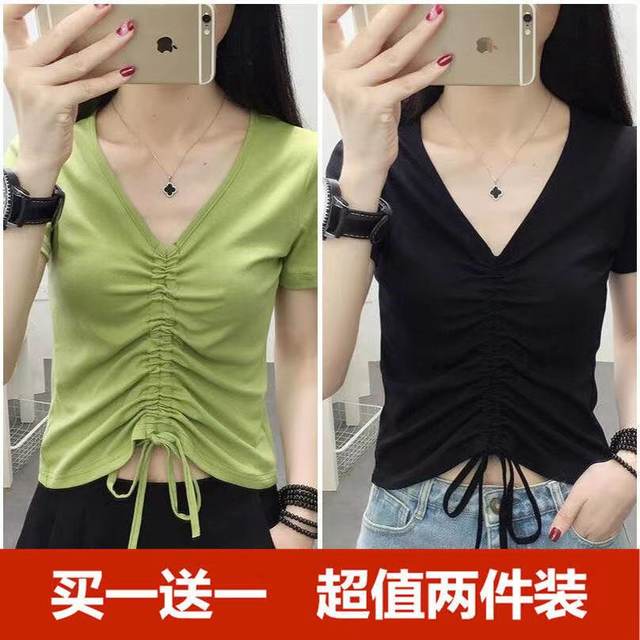 ຊື້ຫນຶ່ງໄດ້ຮັບຫນຶ່ງຟຣີ threaded ຝ້າຍຄໍ V slim drawstring ເທິງສໍາລັບແມ່ຍິງ summer niche ການອອກແບບເສື້ອທີເຊີດແຂນສັ້ນ bottoming ເສື້ອສໍາລັບແມ່ຍິງ