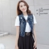 Mùa thu mới không tay denim vest vest nữ ngắn bên ngoài áo khoác cardigan mỏng áo vest vai mỏng vest - Áo vest