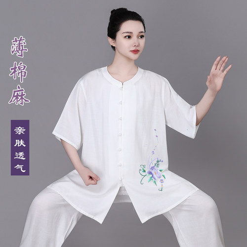 新款棉麻太极拳练功服短袖女士2026夏季太极服薄款中国风亚麻吸汗 - 图0