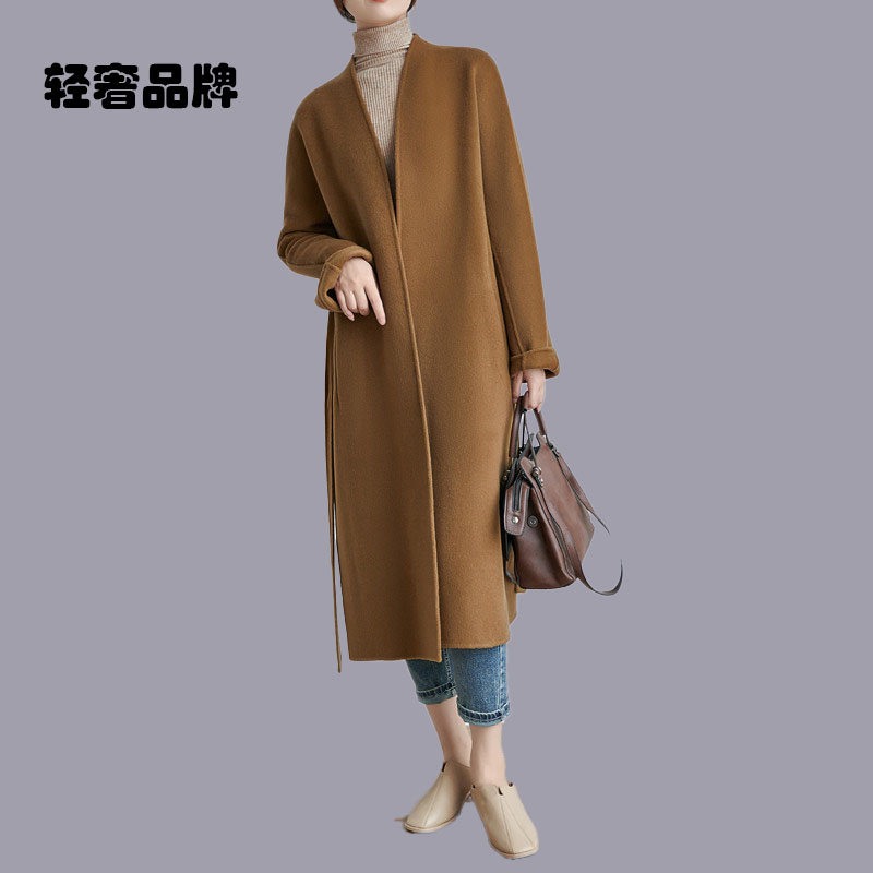 约定无领双面呢羊毛大衣中长款女简约宽松直筒系带毛呢外套 - 图2