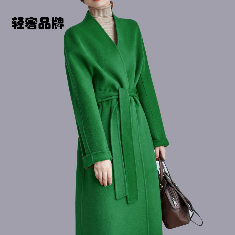 约定无领双面呢羊毛大衣中长款女简约宽松直筒系带毛呢外套 - 图1