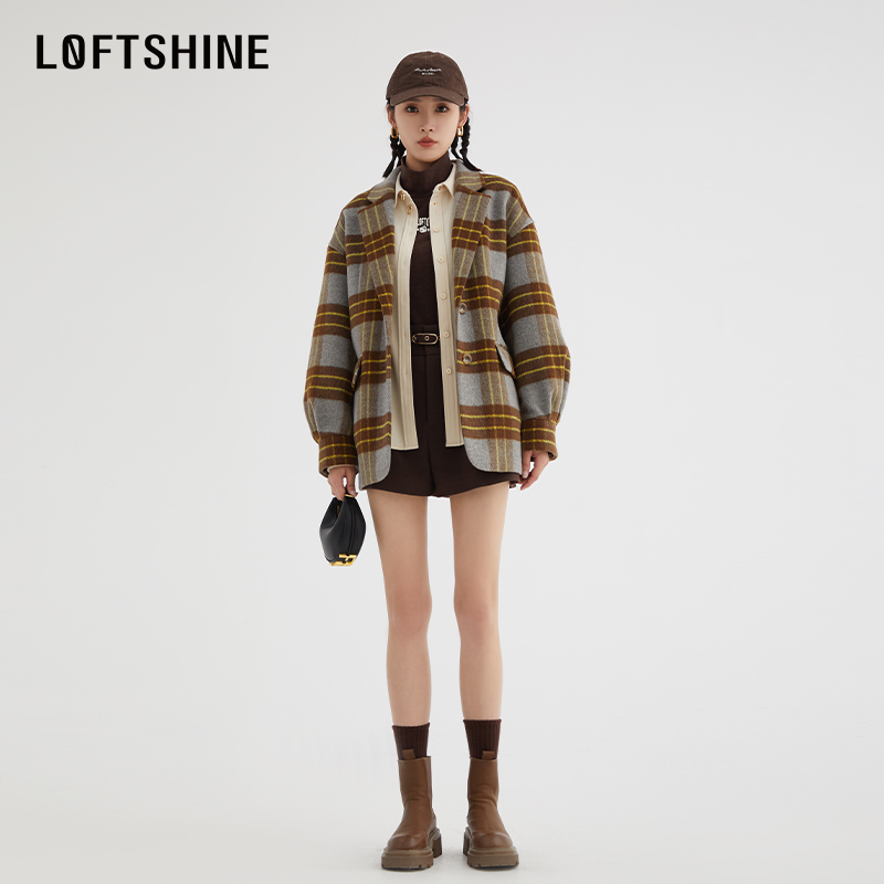 LOFTSHINE珞炫格子西装外套女冬季高级复古时髦休闲西服32504143