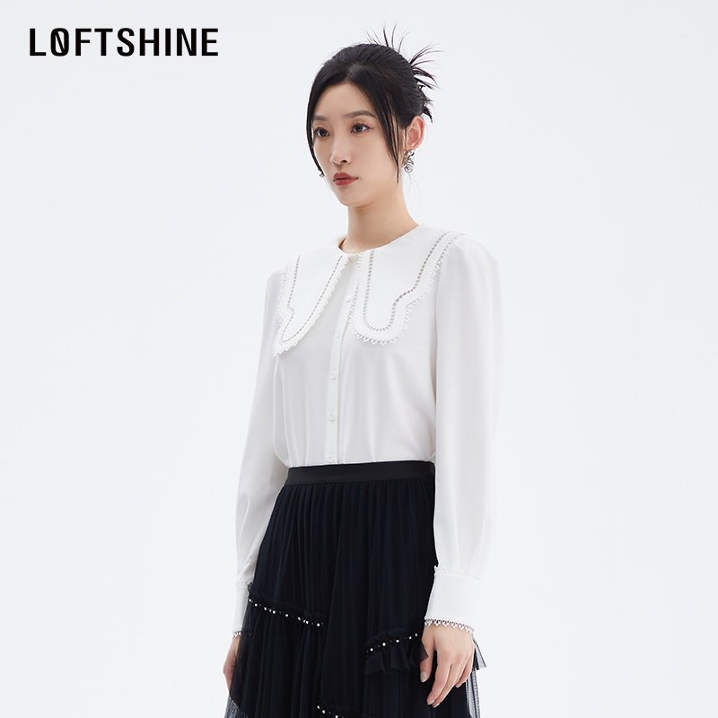 LOFTSHINE珞炫小众甜美衬衣女小个子别致白色法式通勤娃娃领衬衫-图0