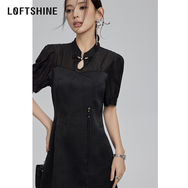 LOFTSHINE珞炫中式连衣裙女2024夏季新款收腰设计感优雅气质短裙-图1