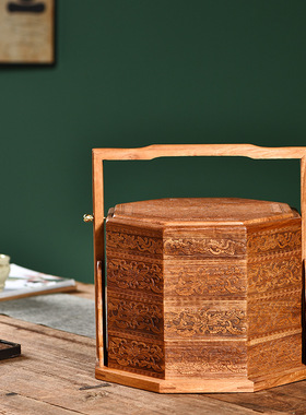 缅甸花梨木提篮复古中式点心盒雕花三层食盒实木送餐盒带盖收纳篮