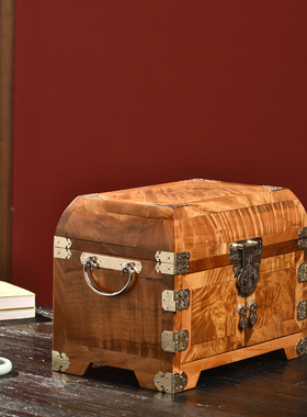 金丝楠木首饰盒复古中国风木质化妆盒手饰收纳盒一体红木镜箱带锁
