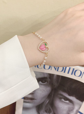 夏季水蜜桃抽拉珍珠手链女