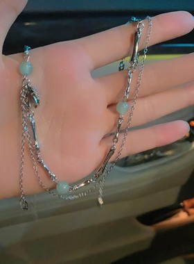 双层绿色天然石串珠项链女