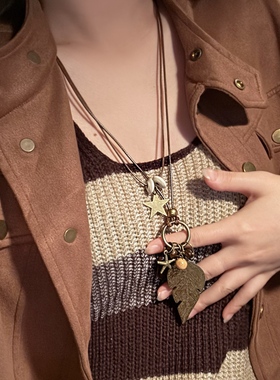 新中式禅意古铜羽毛项链女波西米亚民族风双层叠戴长款毛衣链配饰