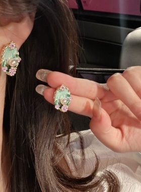 通勤百搭莫奈花园珍珠耳环高级感油画耳钉小众轻奢设计感耳饰耳夹