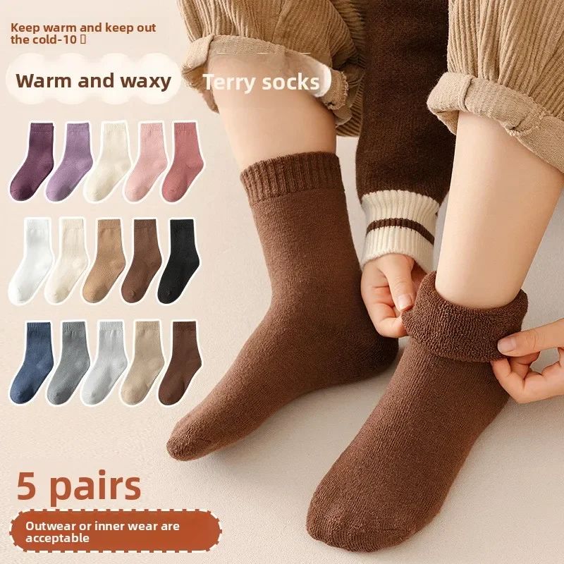 5 Pairs-Kids Fleece Lined Thermal Socks Winter Warm Mid Cuff - 图0