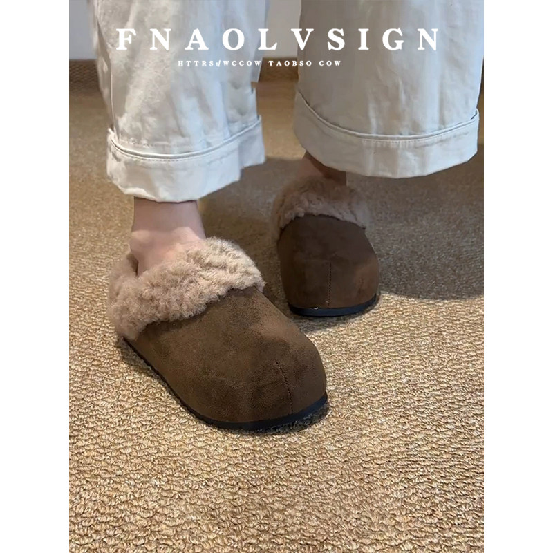羊皮版~复古勃肯鞋冬季百搭加绒保暖棉拖鞋厚底毛绒包头半拖鞋女,淘宝优惠券,粉丝福利购,淘宝优惠卷