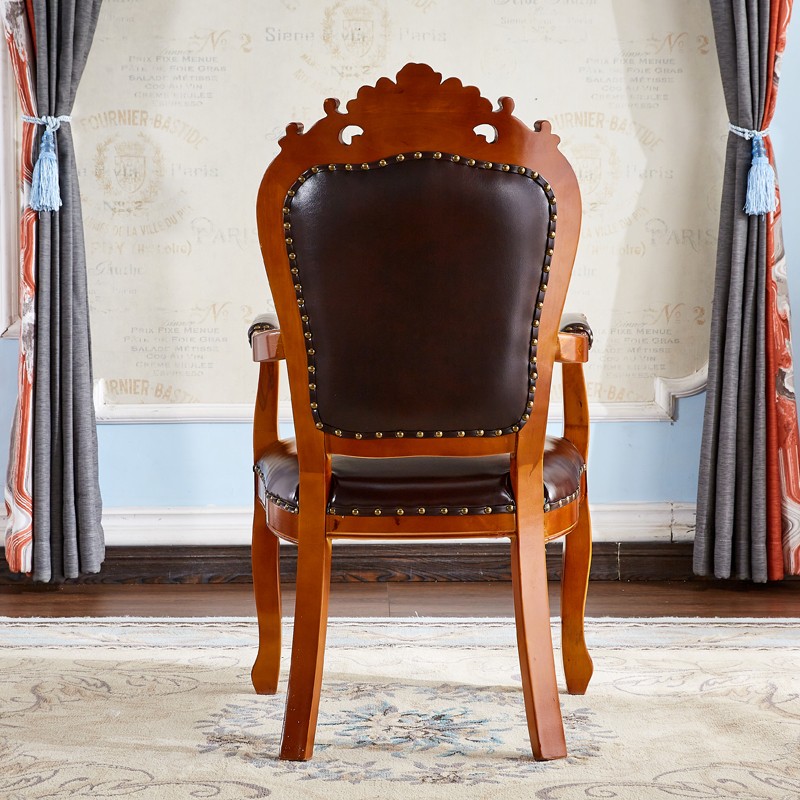 欧式实木餐椅美式靠背简约家用凳子麻将复古接待洽谈真皮扶手椅子