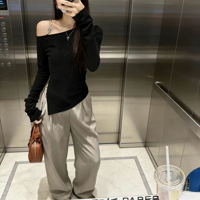设计感小众不规则链条露肩内搭长袖T恤女装2026春季修身打底上衣,淘宝优惠券,粉丝福利购,淘宝优惠卷
