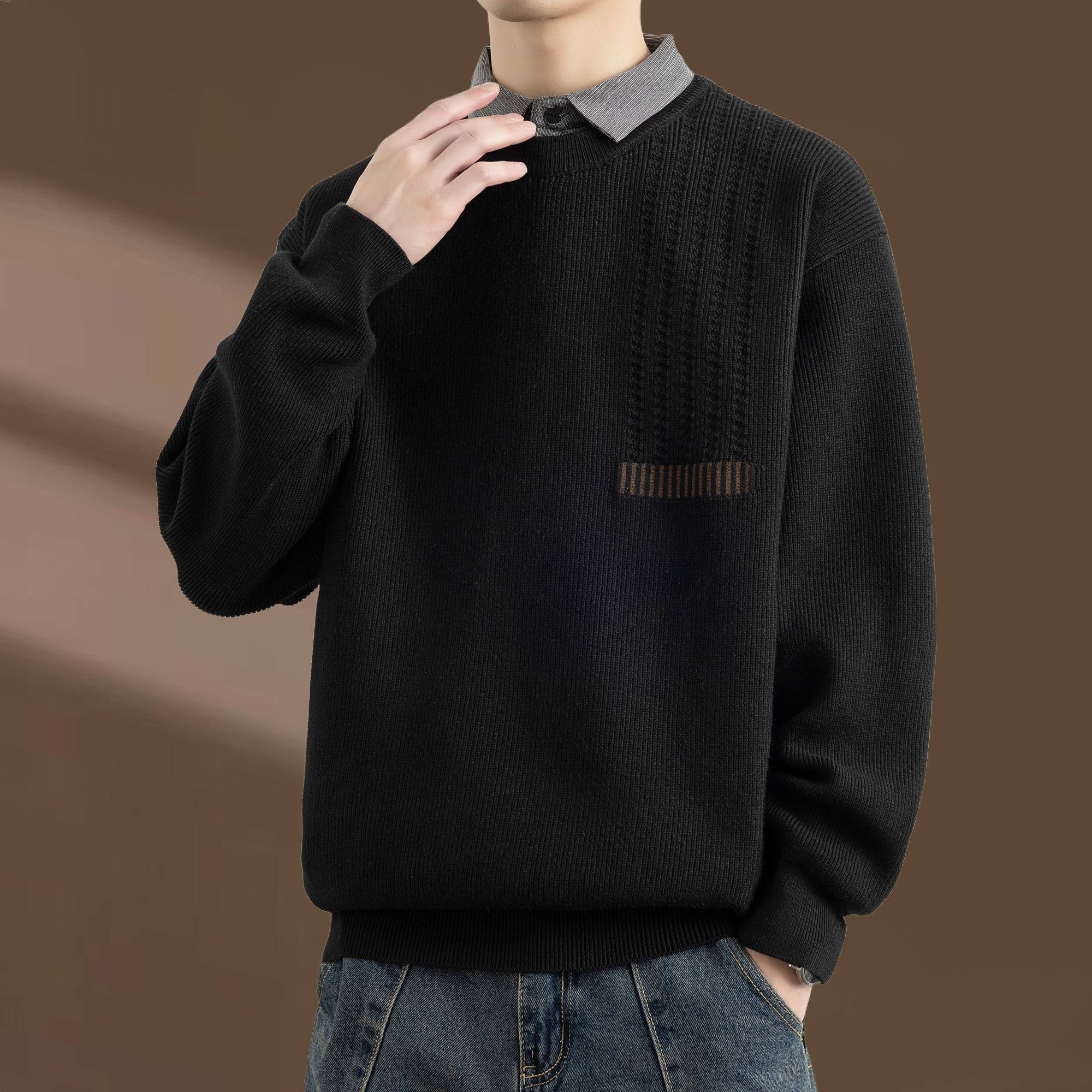 侨迪蒙拉高级感秋冬季加绒加厚假两件男毛衣内搭衬衫领针织衫保暖,淘宝优惠券,粉丝福利购,淘宝优惠卷