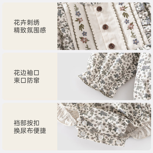 乖奇熊婴幼儿纯棉连体包屁衣春秋季女宝宝碎花三角哈衣服甜美外出 - 图3