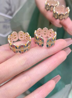 描金珐琅如意凤钗开口戒指