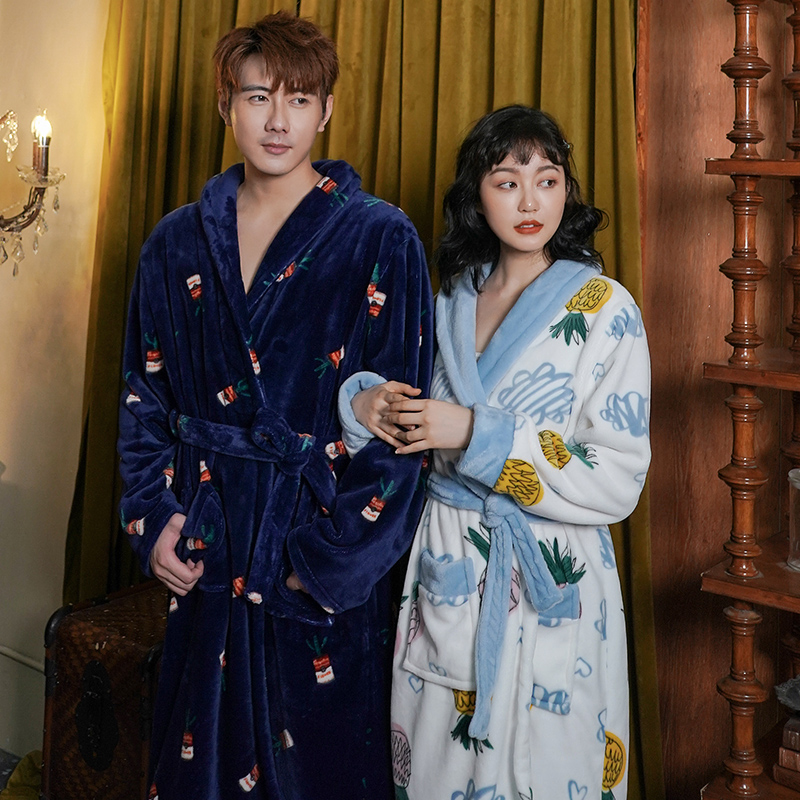 棉籽壳旗舰店情侣珊瑚绒睡袍女秋冬季法兰绒浴袍加绒加厚加长款男士浴衣睡衣春1