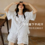 Сиреневая летняя тонкая пижама, хлопковые милые нарукавники, комплект, цветочный принт, короткий рукав