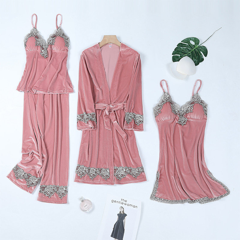 金丝绒性感春秋季吊带蕾丝长裤睡裙 语瞳睡衣/家居服套装