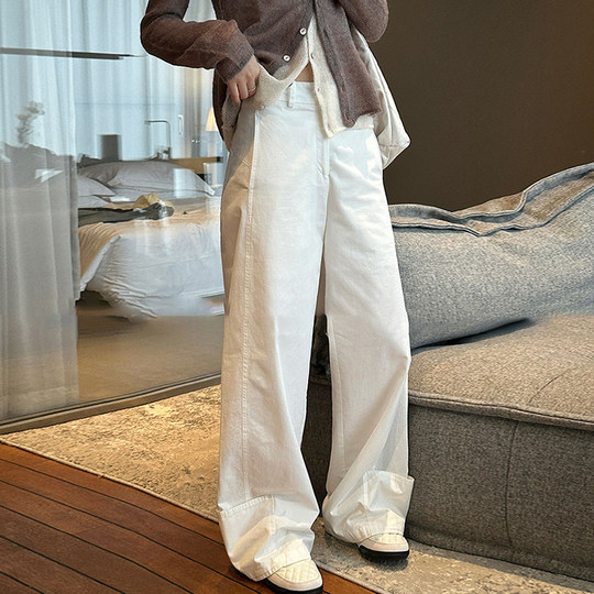 White wide-leg casual pants, loose, slim and versatile trousers