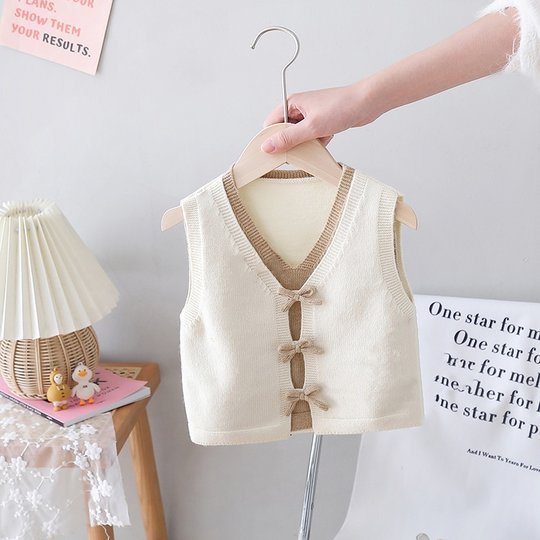 韩版童装女童针织马甲春秋装新款洋气可爱假两件无袖背心儿童毛衣