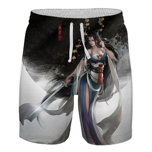 夏男士3D美女狼宽松大码休闲速干透气冰丝凉爽五分裤大裤衩短裤 - 图2