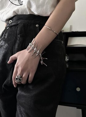 荆棘鱼骨角刺尖牙银色手链朋克嘻哈辣妹风骨骼情侣手环男女