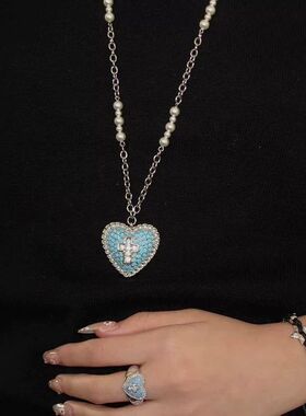 蓝色伊甸十字架蓝松石小众设计感珍珠长项链毛衣链