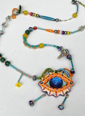 彩色重工原创设计感长版项炼女手工小众配饰毛衣炼 炼 潮酷