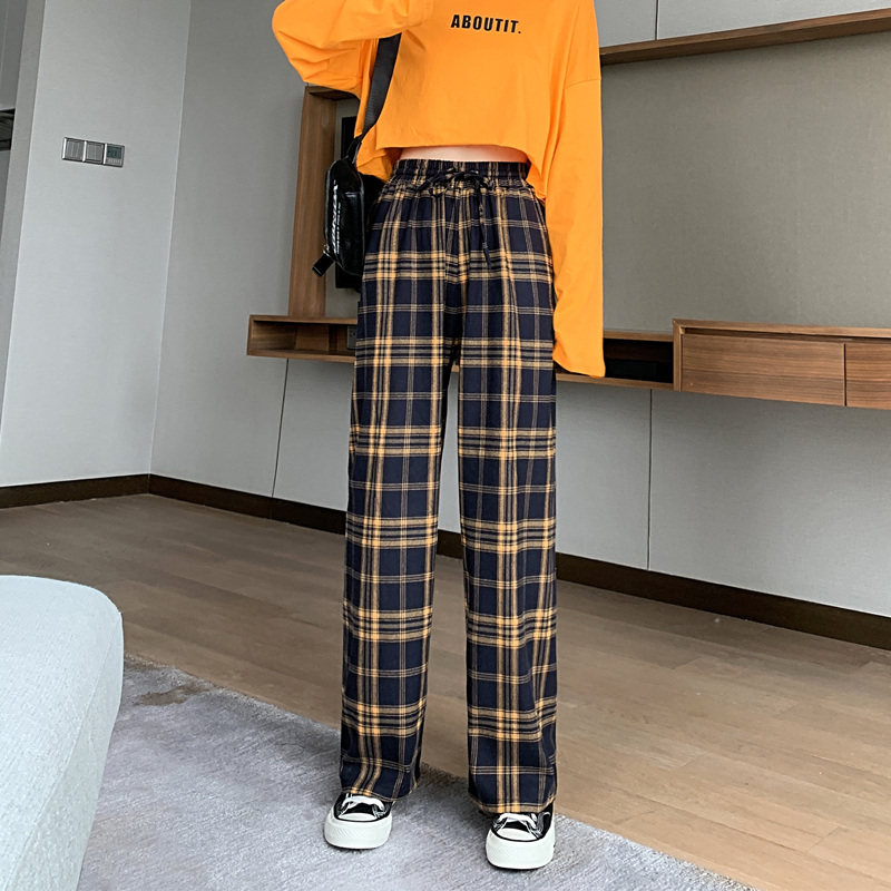 黑白格子裤直筒2020秋季新款休闲裤 伊索芙休闲裤