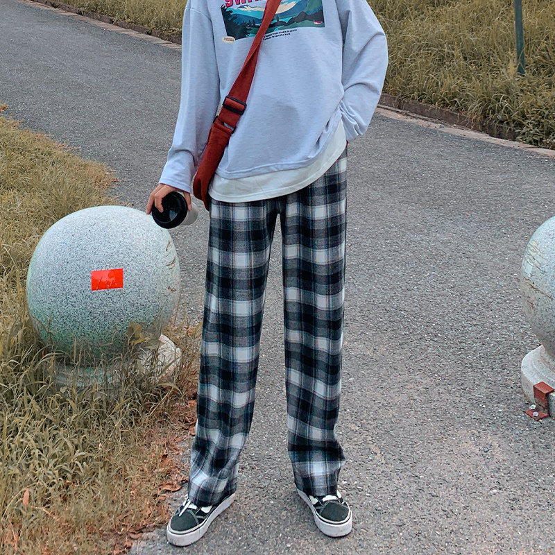 紫色格子裤2020秋季新款宽松长裤 伊索芙休闲裤